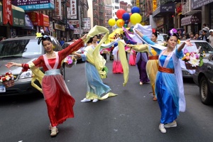 Dance of the Heavenly beauties. A Falun Gong Parade in Manhattan's China town. 