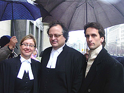 Toronto businessman, Mr. Joel Chipkar, with his legal council Mr. Peter Downard and Ms. Nicole Samson after the court found the Chinese Deputy Consul General guilty of libel.