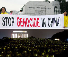 Falun Gong practitioners formed a more than two-mile human wall from the World War II Memorial to the Chinese Embassy (top) and in the evening thousands gathered to mourn those killed in China.