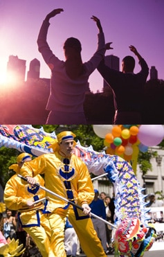 Serenity (top): Adherents practice the Falun Dafa exercises in New Yorks Central Park.
