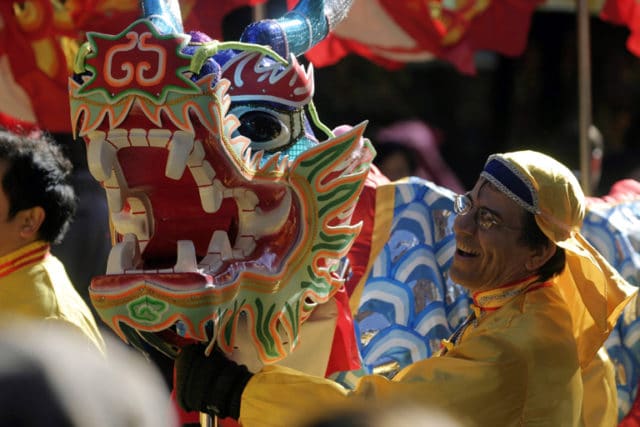 A colorful dragon dance was part of this 2010 World Falun Dafa Day celebration, at Union Square in New York City. The annual event attracts thousands of spectators.
