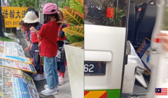 Left: Children in Kuala Lumpur read the same Falun Gong displays on August 14. Right: Video screenshot from August 15 showing a group claiming links to a “China police station” seizing those displays and banners, loading them into a van, and driving away.