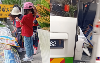 Left: Children in Kuala Lumpur read the same Falun Gong displays on August 14. Right: Video screenshot from August 15 showing a group claiming links to a “China police station” seizing those displays and banners, loading them into a van, and driving away.