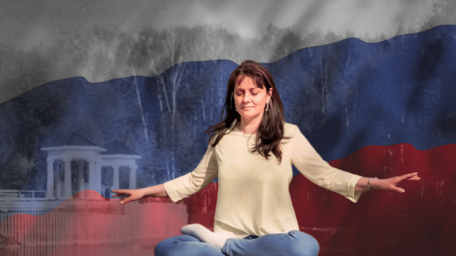 Natalia Minenkova meditating in a park in Russia, July 2022. (Edited by Faluninfo)