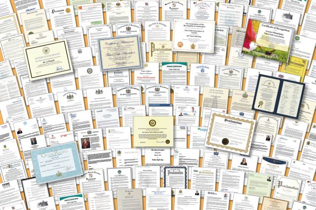 Over 1000 proclamations, citations, and congratulatory letters honoring Falun Dafa and its founder Mr. Li Hongzhi were received from elected officials in the USA, Canada, the UK, Germany, Sweden, Switzerland, Ireland, Australia, Japan, and Taiwan. The image shows some of them. (The Epoch Times)
