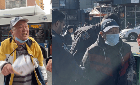 Qi Zhongping on February 16, 2023, harassing Falun Gong practitioners in Flushing, New York (L) and on February 18, 2023, during his arrest (R).