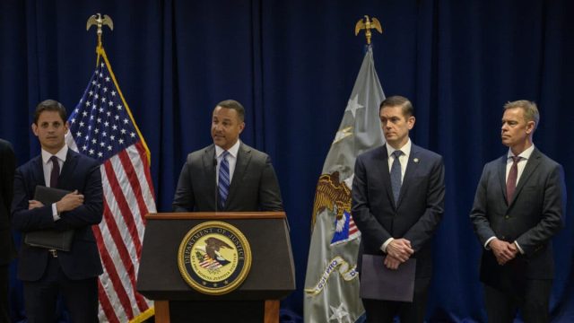 The FBI New York Field Office holds a press conference on April 17, 2023 regarding the arrest of two men for setting up a Chinese "police station" in New York and charges against 40 Chinese public security officials for a campaign to monitor and harass US-based dissidents. (Photo by ANGELA WEISS/Getty Images) 