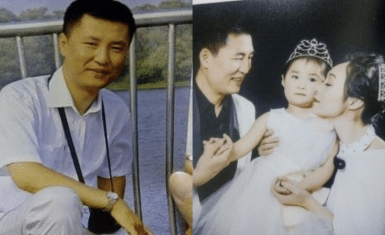 Mr. Wang Yudong, now deceased (left) and his last family photo with his six-year-old daughter, now orphaned in China (right).