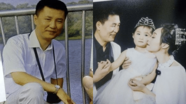 Mr. Wang Yudong, now deceased (left) and his last family photo with his six-year-old daughter, now orphaned in China (right).