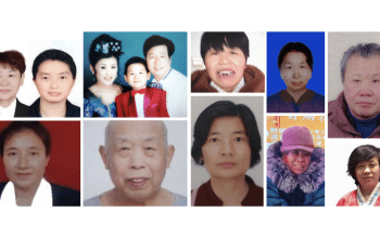 Falun Gong practitioners that are among the sentencing and death reports in July and September 2023. Top row (left to right): Ms. Miao Peihua, Ms. Hu Huomei, Mr. Pang You and his wife and son, Ms. Lang Dongyue, Ms. Gao Yujie, and Mr. Zhao Xudong. Bottom row (left to right): Ms. Mou Yongxia, Mr. Zhuo Guibin, Ms. Peng Xueping, Ms. Cai Guiqin, and Ms. Liu Pingtong.