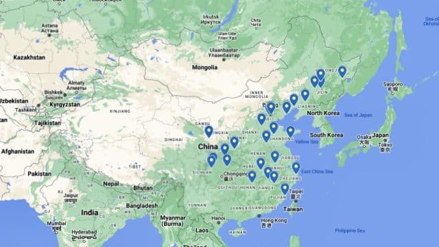 Map of reported cases of Falun Gong detentions involving surveillance cameras from November 2022 to November 2023.
