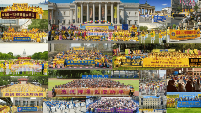 Photo compilation of World Falun Dafa Day celebrations across different continents in May 2025. (Minghui/Edited by Faluninfo)
