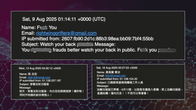 Death threats sent via the Faluninfo.net contact form in August 2025 included warnings for Center staff to “watch your back” and threats of violent attacks on the White House by individuals impersonating Falun Gong practitioners.