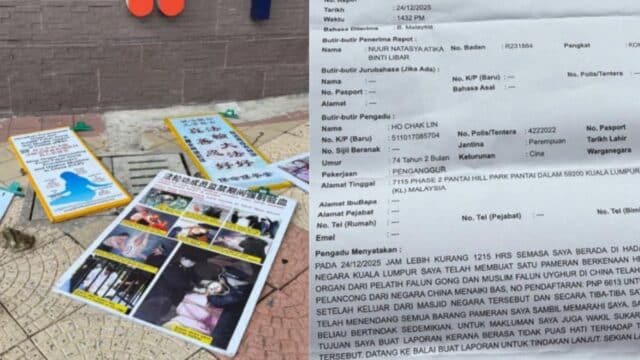 Falun Gong information boards laid on the ground outside Masjid Negara in Kuala Lumpur after a Chinese tourist kicked them down (Left); Police report on the incident filed at the Dang Wangi station (Right) (Ho Chak Lin)