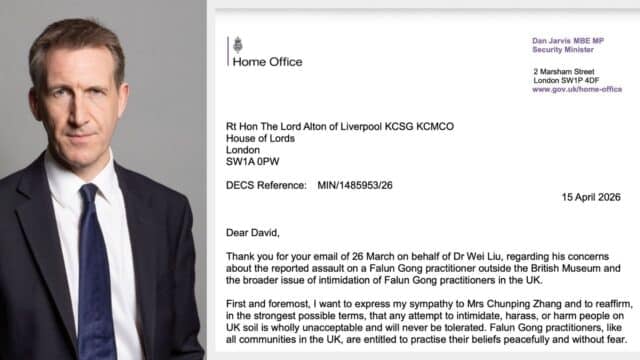 Britain’s Security Minister, Dan Jarvis, and his letter to Lord Alton of Liverpool (David Alton) on the assault incident. (Photo source: gov.uk; Letter source: UK Falun Dafa Association)