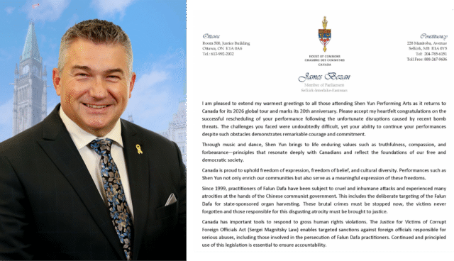 Canadian MP James Bezan and part of his letter. (Photo source: jamesbezan.com; Letter source: minghui.org)
