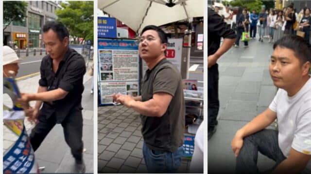 On June 2, 2026, on Jeju Island, South Korea, three Chinese men attacked a Falun Gong information site outside the Shilla Duty Free Store in Yeon-dong district. (Park Dong-Seok)
