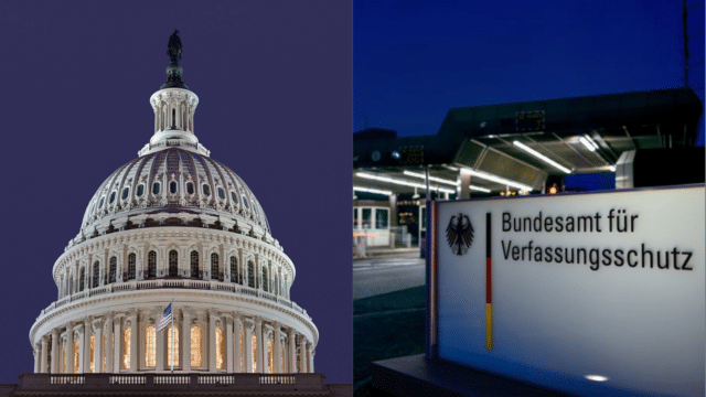 Left: The dome of the US Capitol building. Right: An exterior view shows the entrance to the Federal Office for the Protection of the Constitution in Cologne, western Germany.
