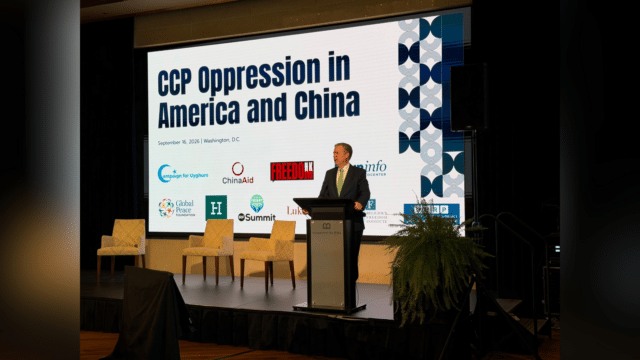 Former U.S. Ambassador-at-Large for International Religious Freedom Sam Brownback speaks at "CCP Oppression in America and China," held Sept. 16, 2026, at the Museum of the Bible in Washington, D.C. (Photo: Falun Dafa Information Center)